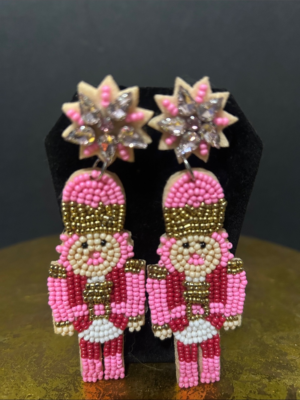 Hand-Beaded Pink Nutcracker Drop Earrings with Gold Accents